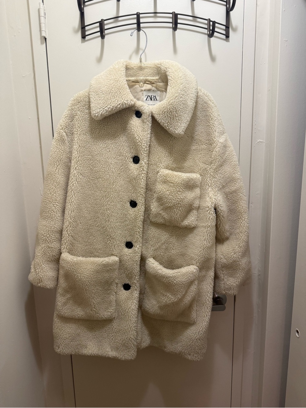 Zara Cream Ivory Teddy Fleece Oversized Button Front Coat Size M